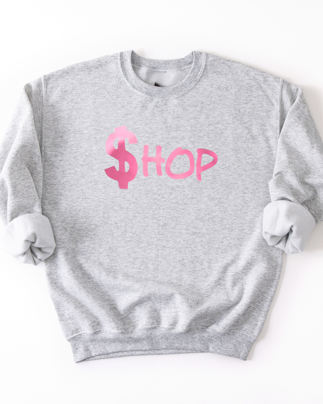 Gray sweatshirt with pink text on a white background