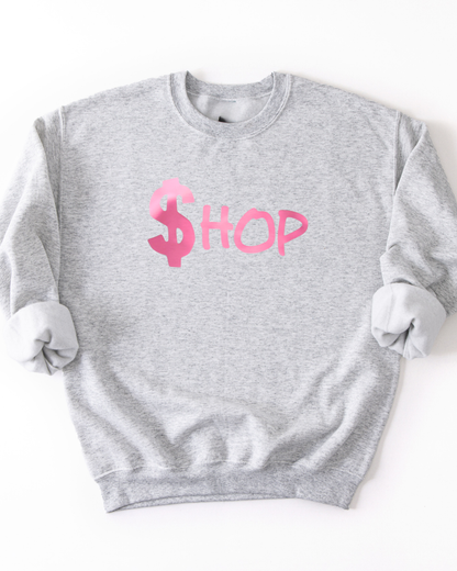 Gray sweatshirt with pink text on a white background