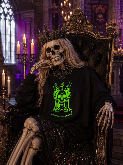 Skeleton  Wearing a black sweatshirt with a neon green skeleton queen