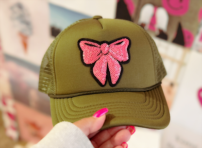 Sparkle & Style | Olive Green Trucker Hat with Pink Sequin Bow