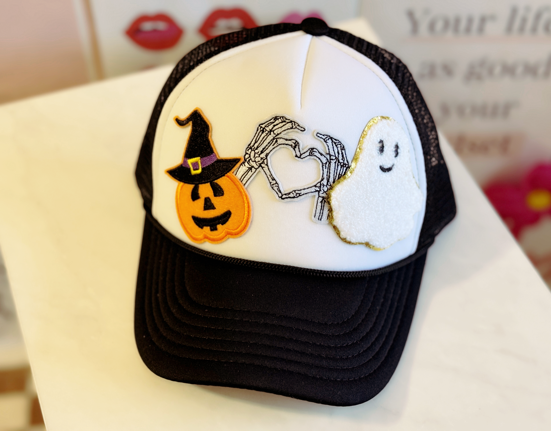 Spooky & Stylish | Black and White Trucker Hat with Halloween Patches