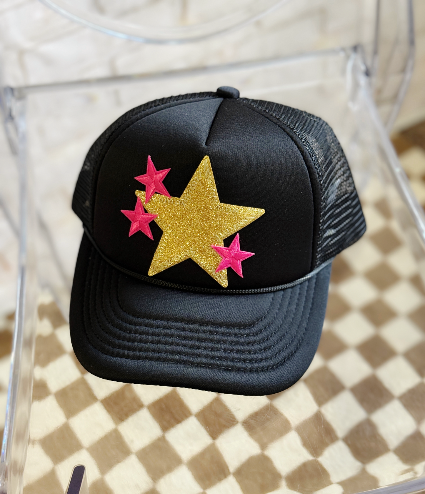 Star Power Trucker Hat – Black Hat with Gold & Pink Star Patches