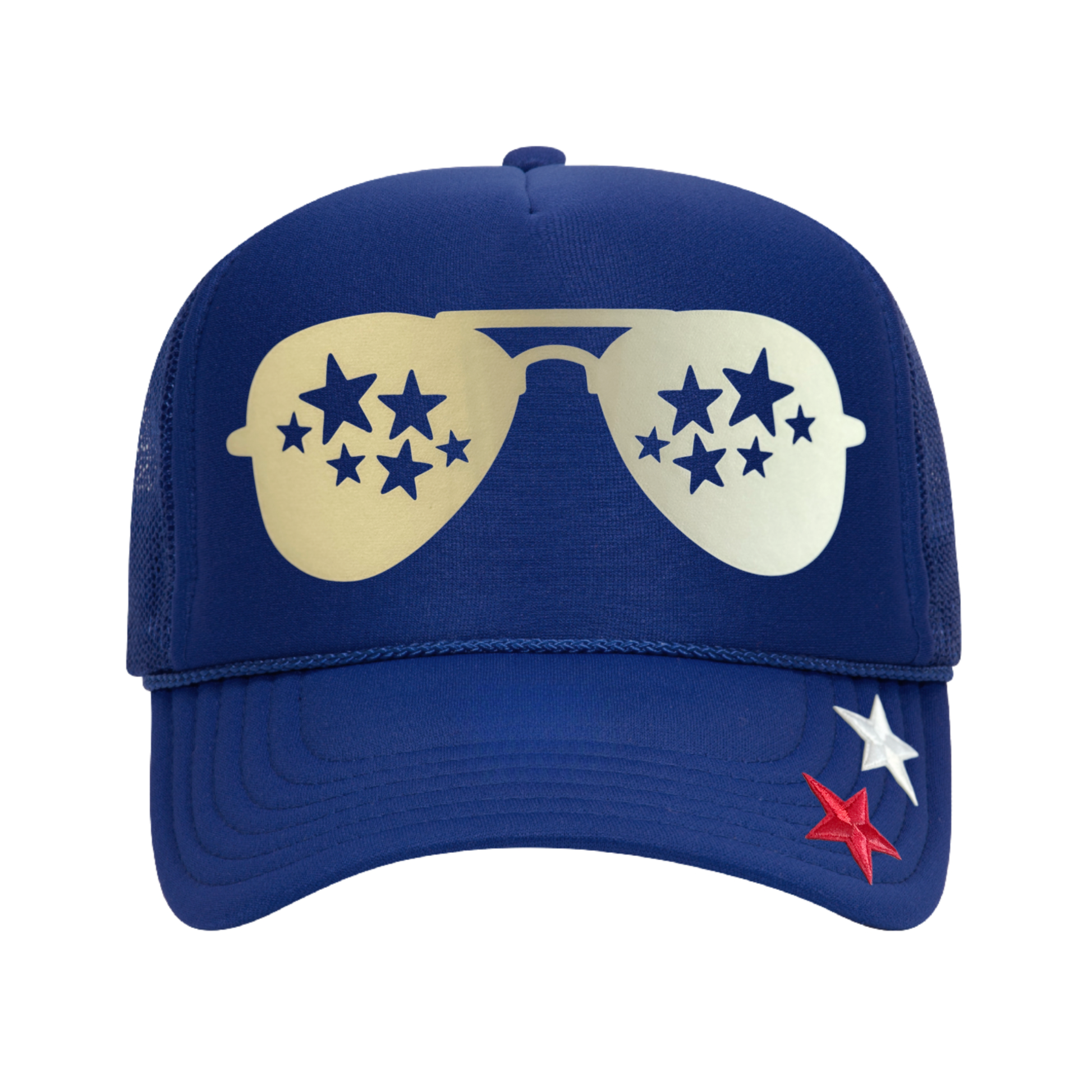 Blue cap with sunglasses and star design on a white background