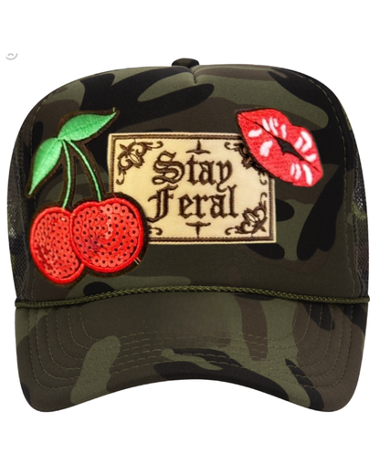 Stay Feral Camo Trucker Hat – Cherry & Lips Graphic Hat
