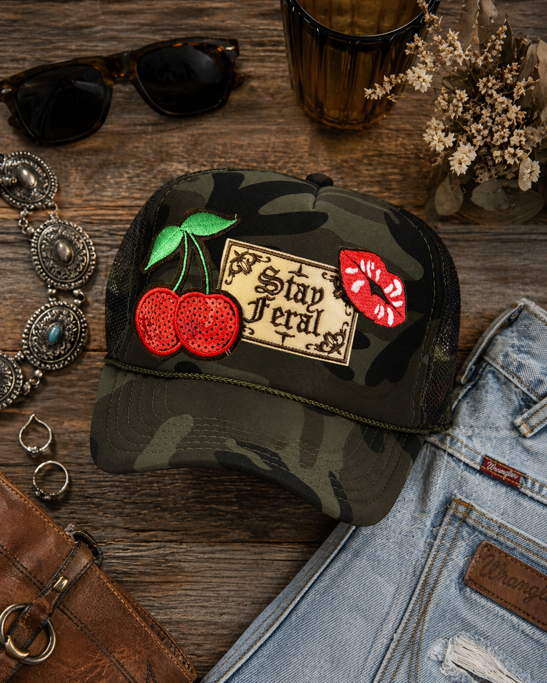 Stay Feral Camo Trucker Hat – Cherry & Lips Graphic Hat