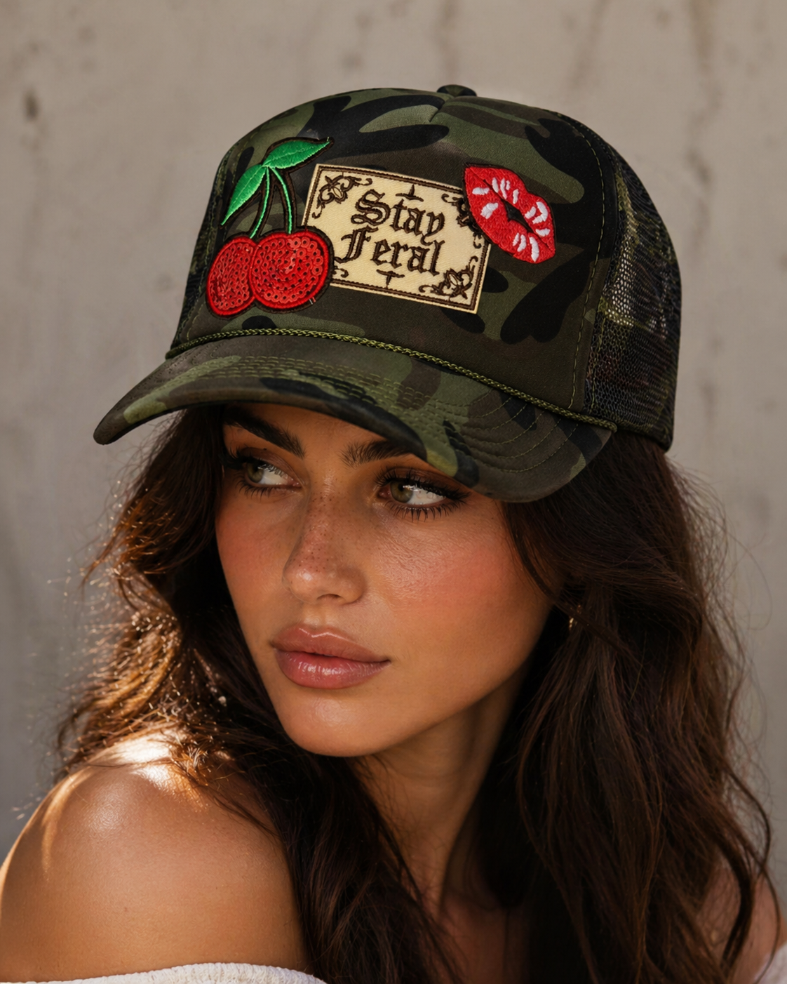 Stay Feral Camo Trucker Hat – Cherry & Lips Graphic Hat