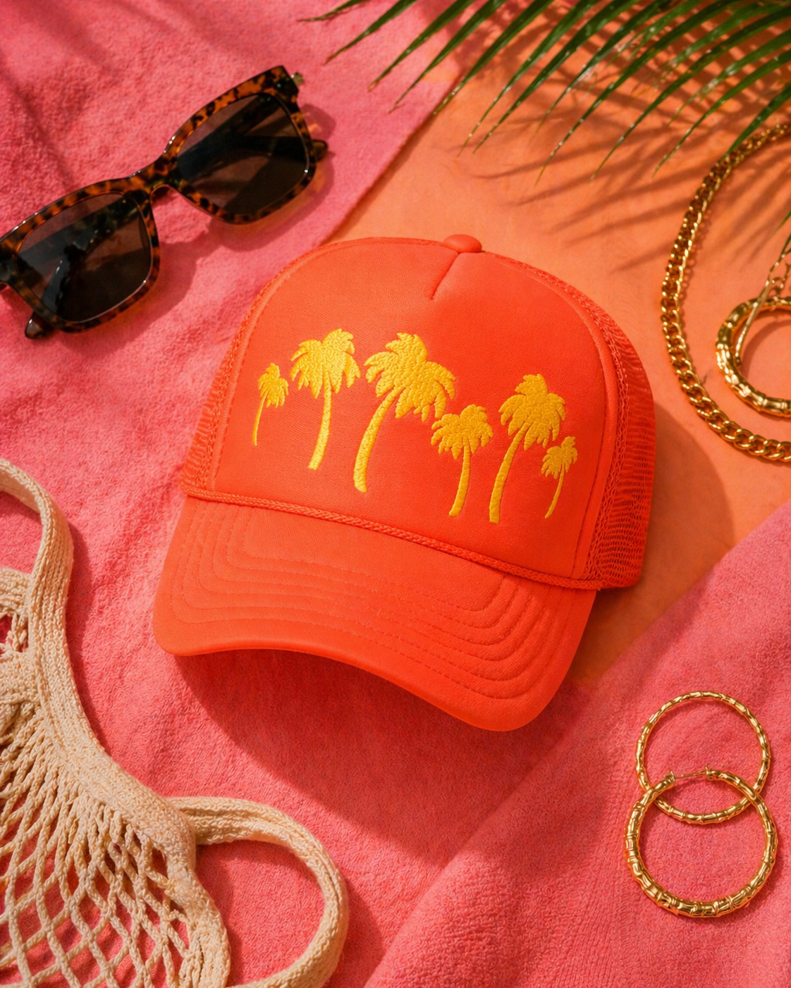 Red cap with palm tree design on a pink surface with sunglasses, bag, and jewelry.