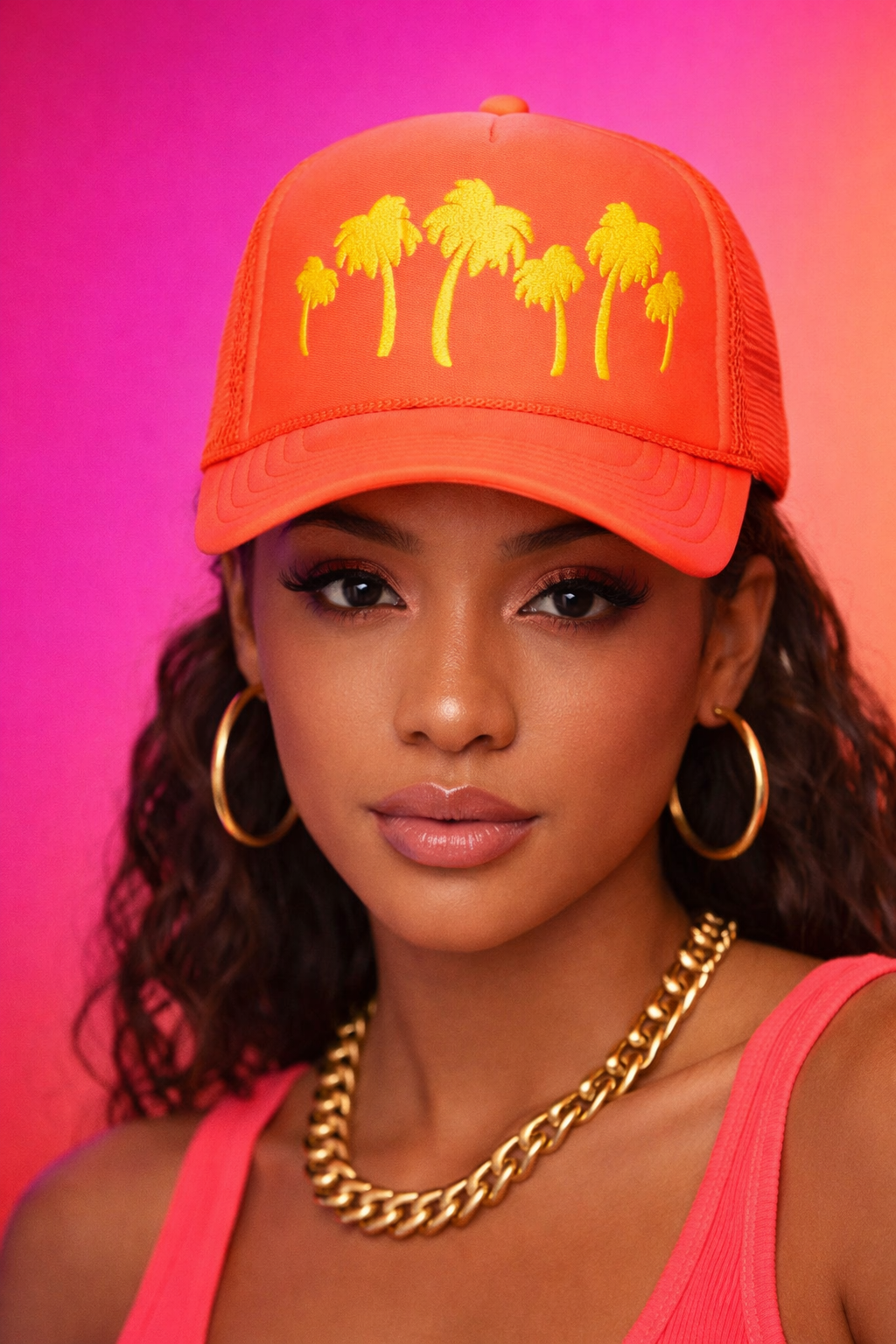 Woman wearing an orange cap with palm tree designs on a pink background