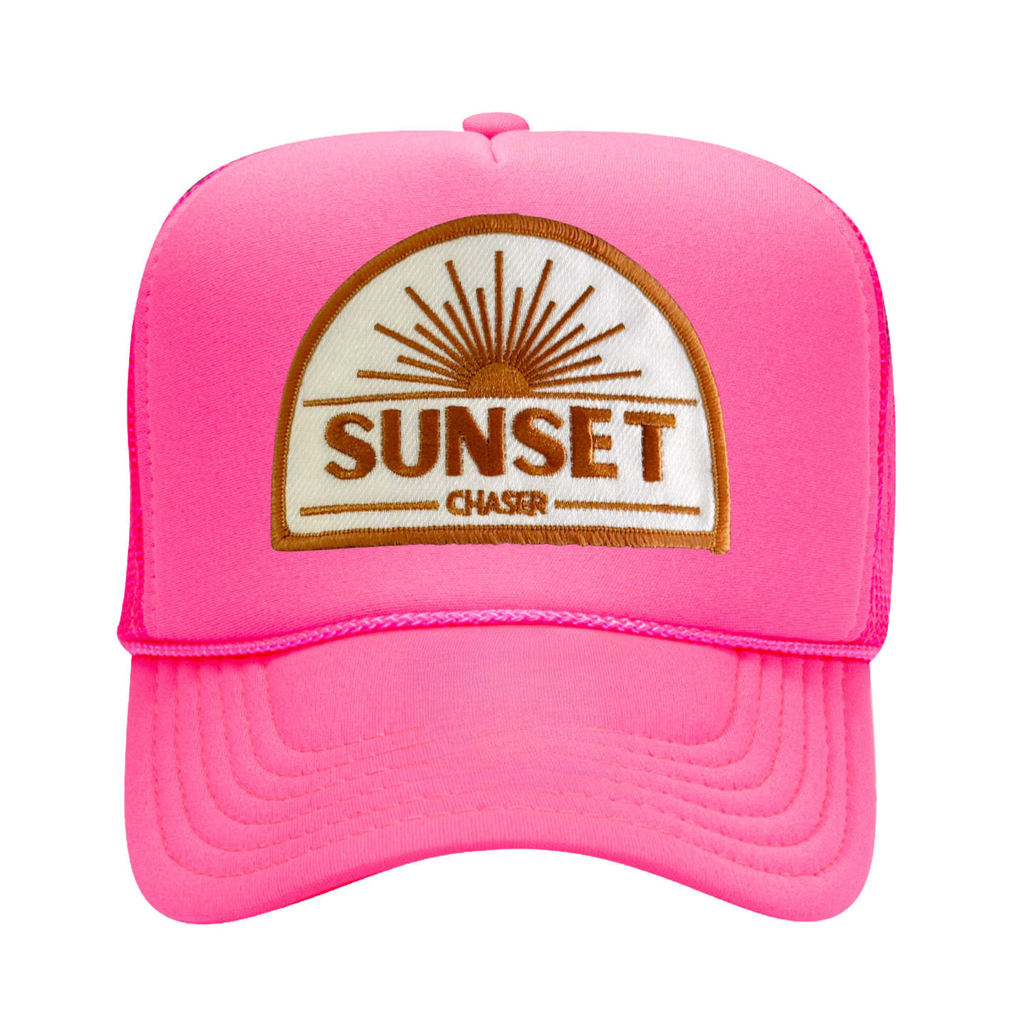 Pink cap with 'Sunset Chaser' logo on a white background