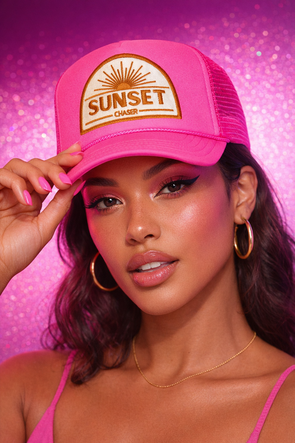 Woman wearing a pink cap with 'Sunset' logo against a pink glittery background