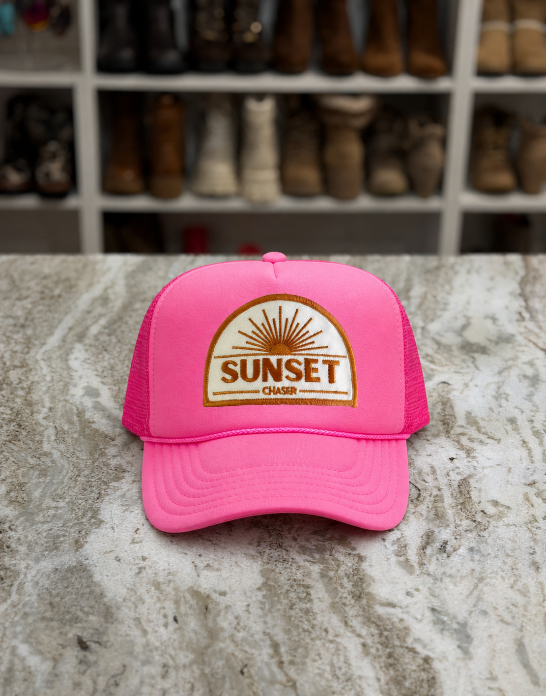 Sunset Chaser Trucker Hat – Pink | Retro Sunset Patch Hat