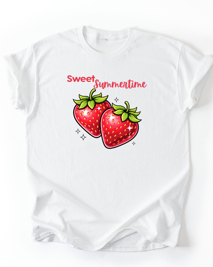 Cute “Sweet Summertime” strawberry graphic tee on white.