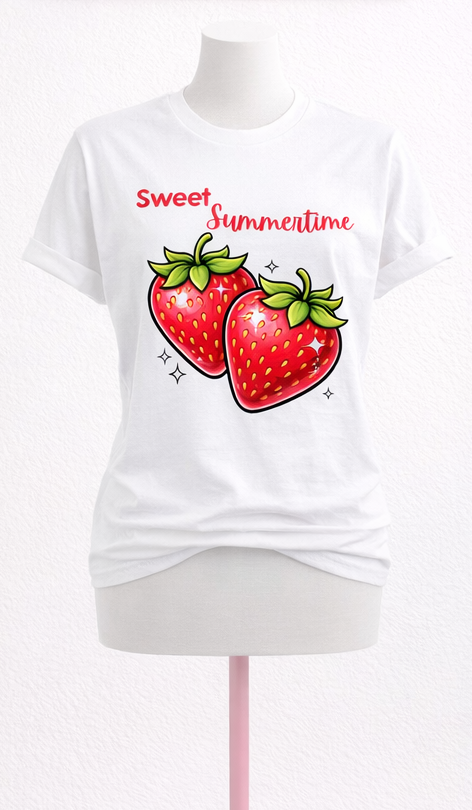 Cute “Sweet Summertime” strawberry graphic tee on white.