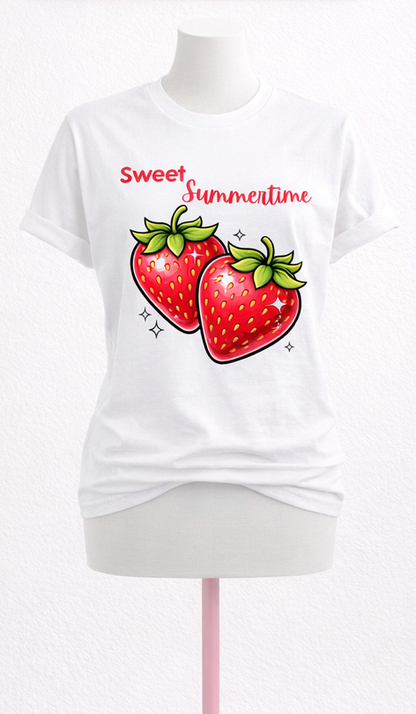 Cute “Sweet Summertime” strawberry graphic tee on white.