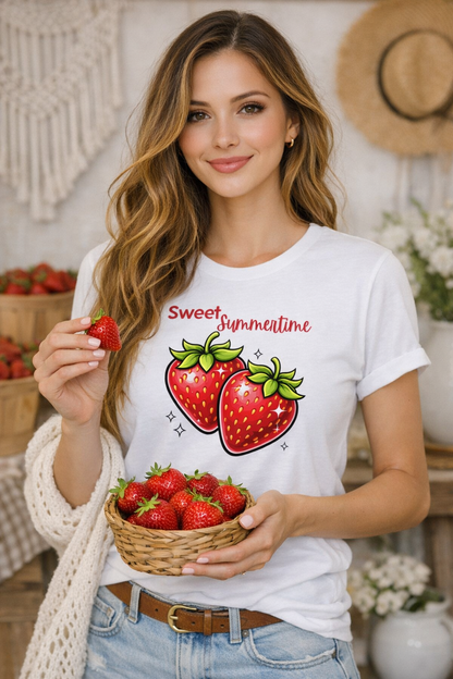 Cute “Sweet Summertime” strawberry graphic tee on white.
