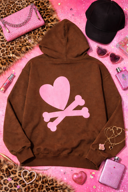 Sweet But Fearless Hoodie – Chocolate Pullover with Light Pink Heart & Crossbones Graphic