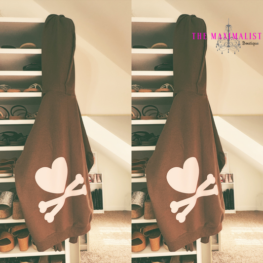 Sweet & Edgy | Chocolate Hoodie with Light Pink Heart & Crossbones Graphic