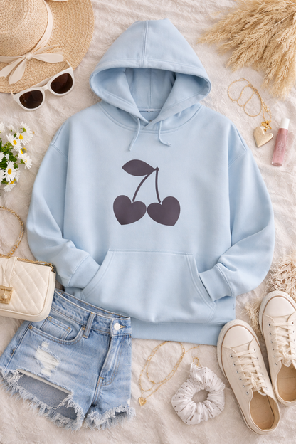 Sweetheart Cherries Hoodie – Light Blue Pullover with Heart-Shaped Cherry Graphic for Cute Cozy Style