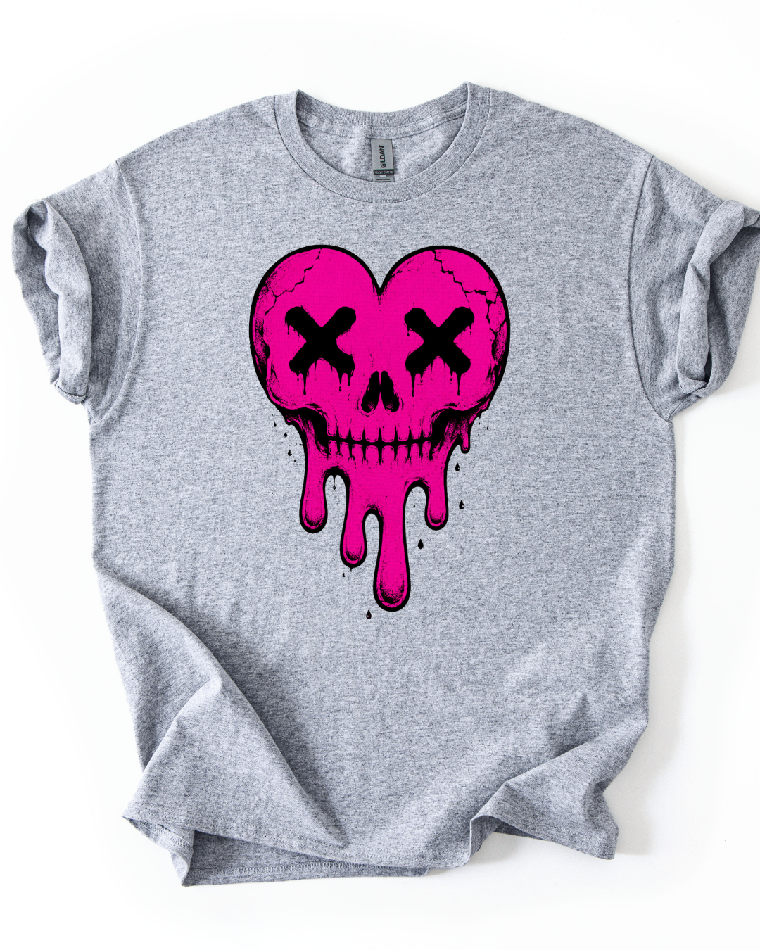 Gray t-shirt with a pink skull design on a white background