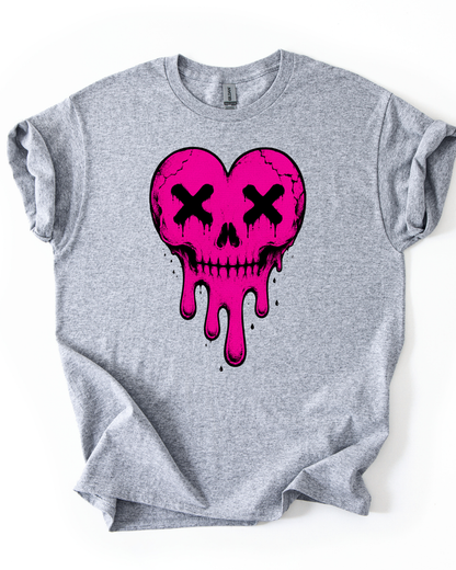 Gray t-shirt with a pink skull design on a white background