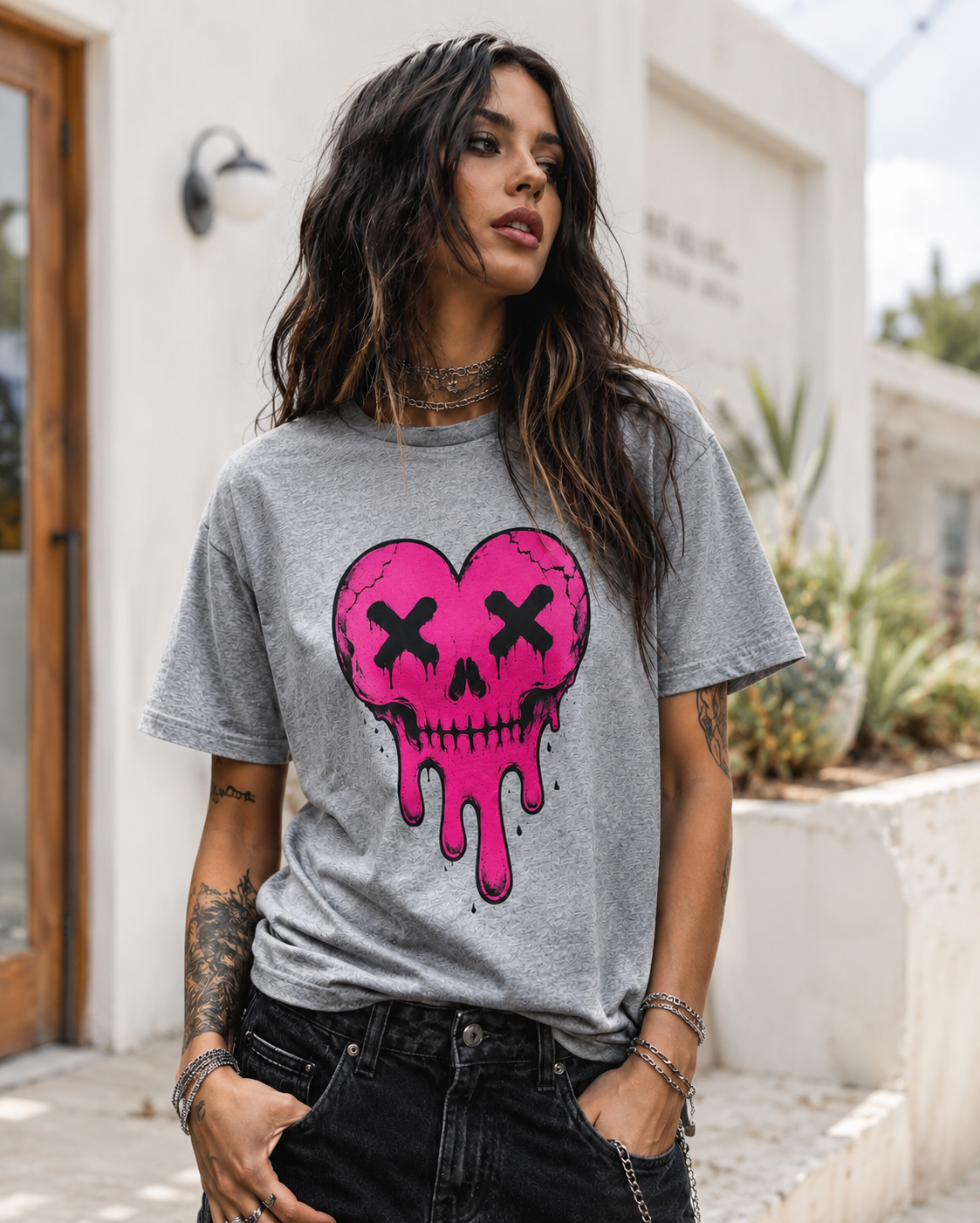 Person wearing a gray t-shirt with a pink and black heart skull design outdoors.