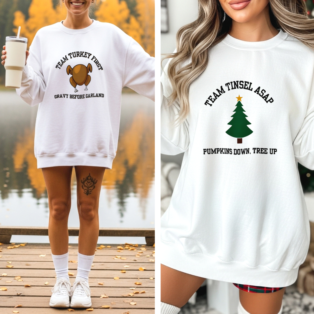 Holiday Personality Sweatshirts – Limited-Edition White Pullovers for Team Turkey & Team Tinsel