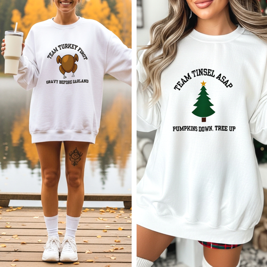 Holiday Personality Sweatshirts – Limited-Edition White Pullovers for Team Turkey & Team Tinsel