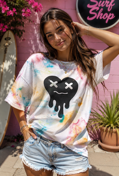 A woman wearing a white tie-dye t-shirt with a black dripping heart graphic containing 'X' eyes, paired with light-wash denim shorts, posing in front of a pink brick wall with a surf shop sign.