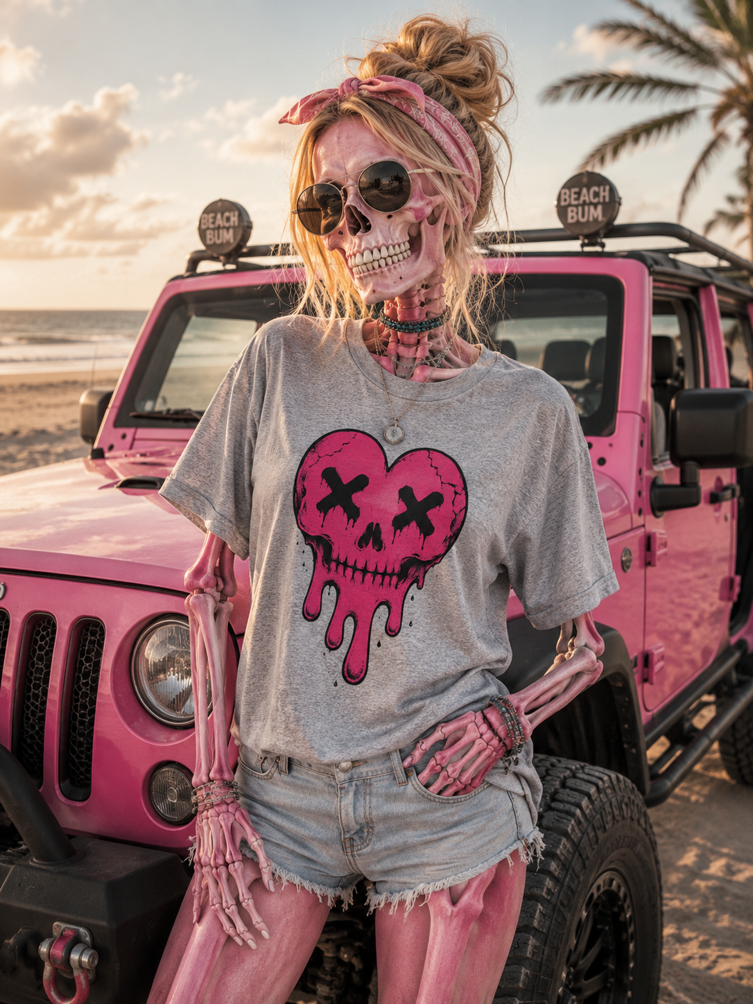 Tired Heart Skull Drip Tee | Hot Pink Skeleton Heart Graphic Tee