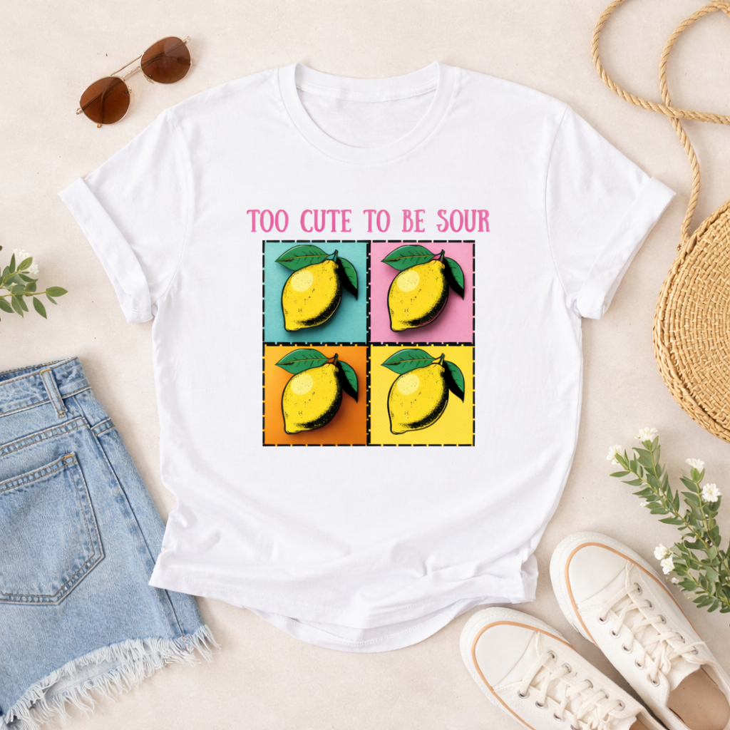 White t-shirt with lemon graphic and text 'Too Cute to be Sour' on a light background with casual items.