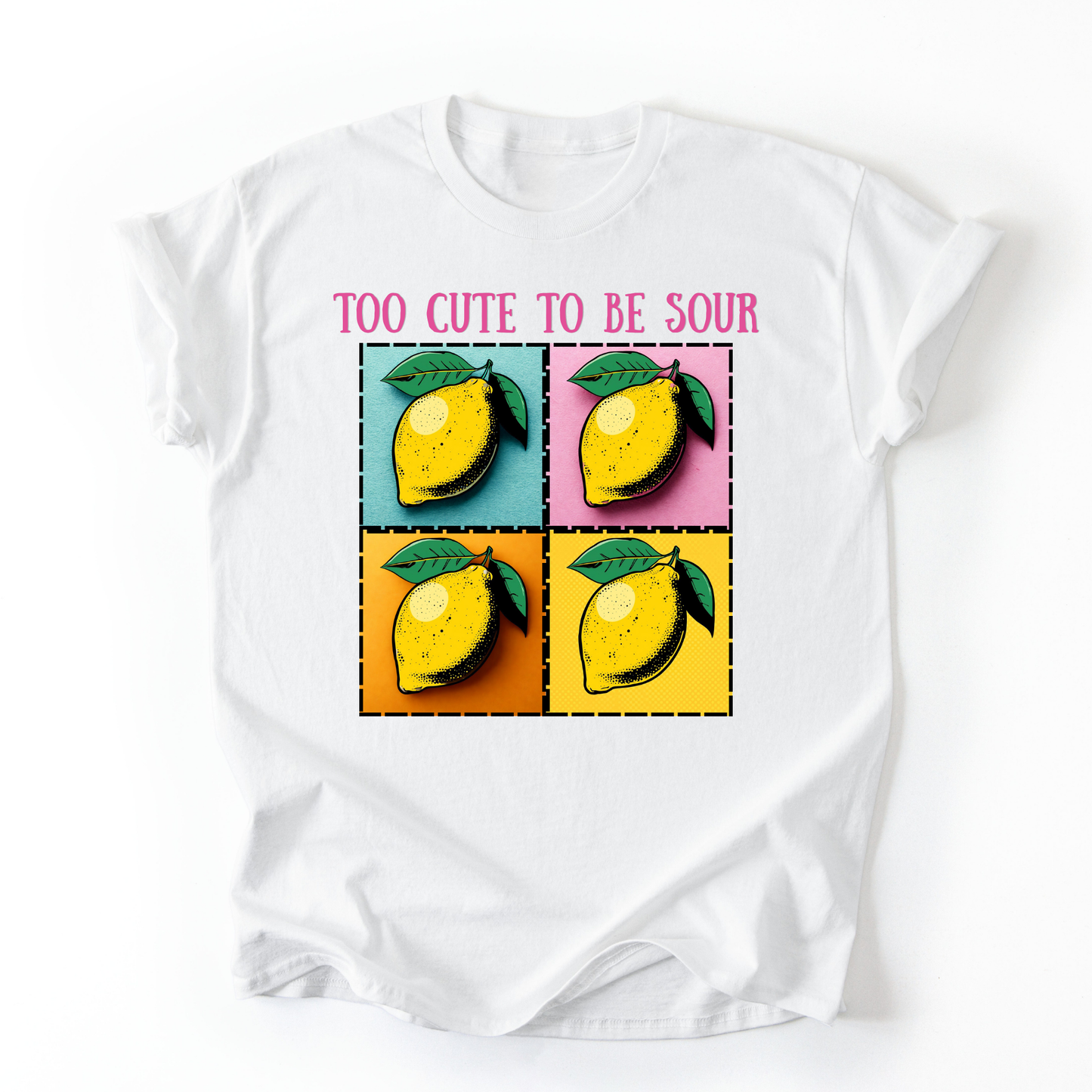 White t-shirt with lemon graphic and text 'Too Cute to be Sour' on a white background