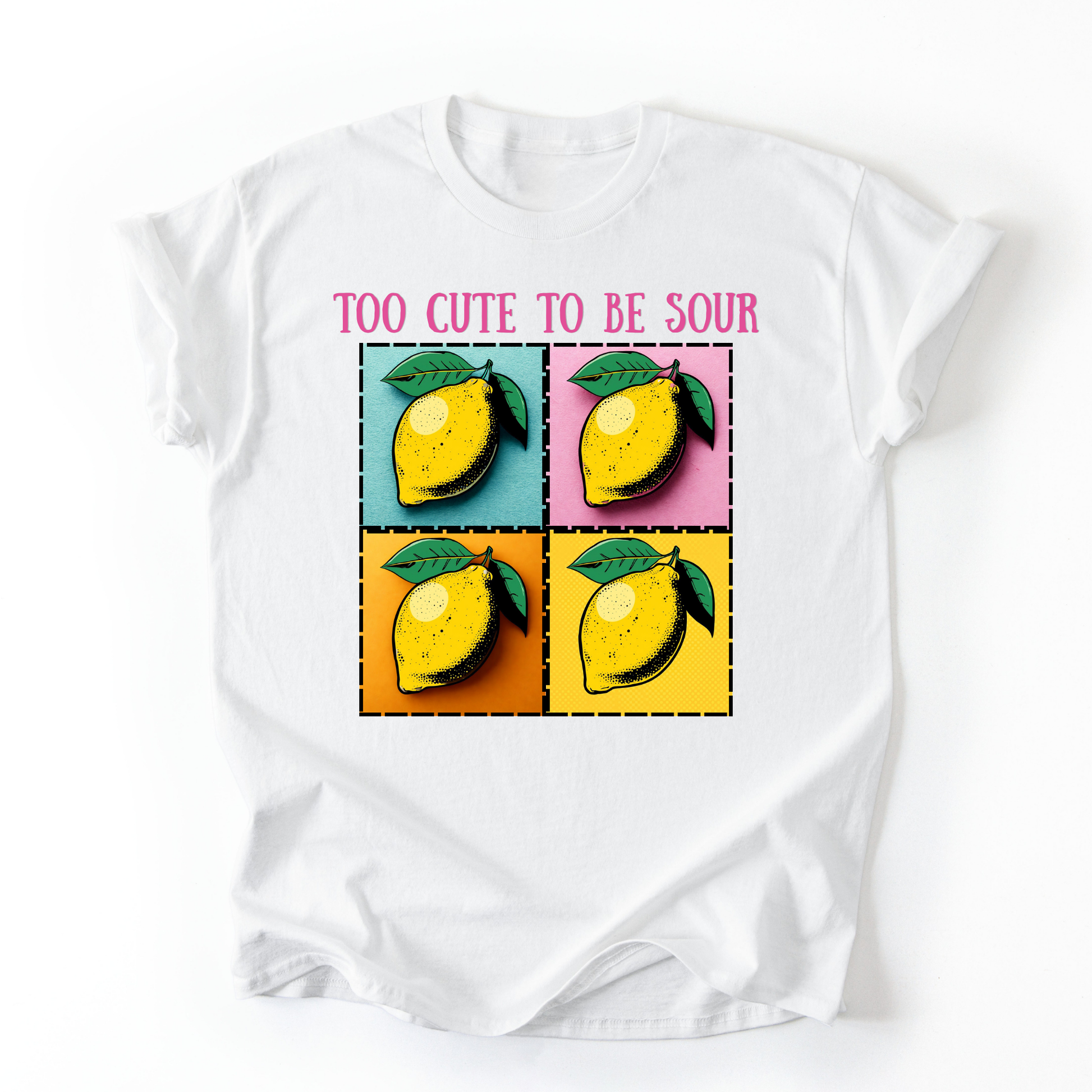 White t-shirt with lemon graphic and text 'Too Cute to be Sour' on a white background