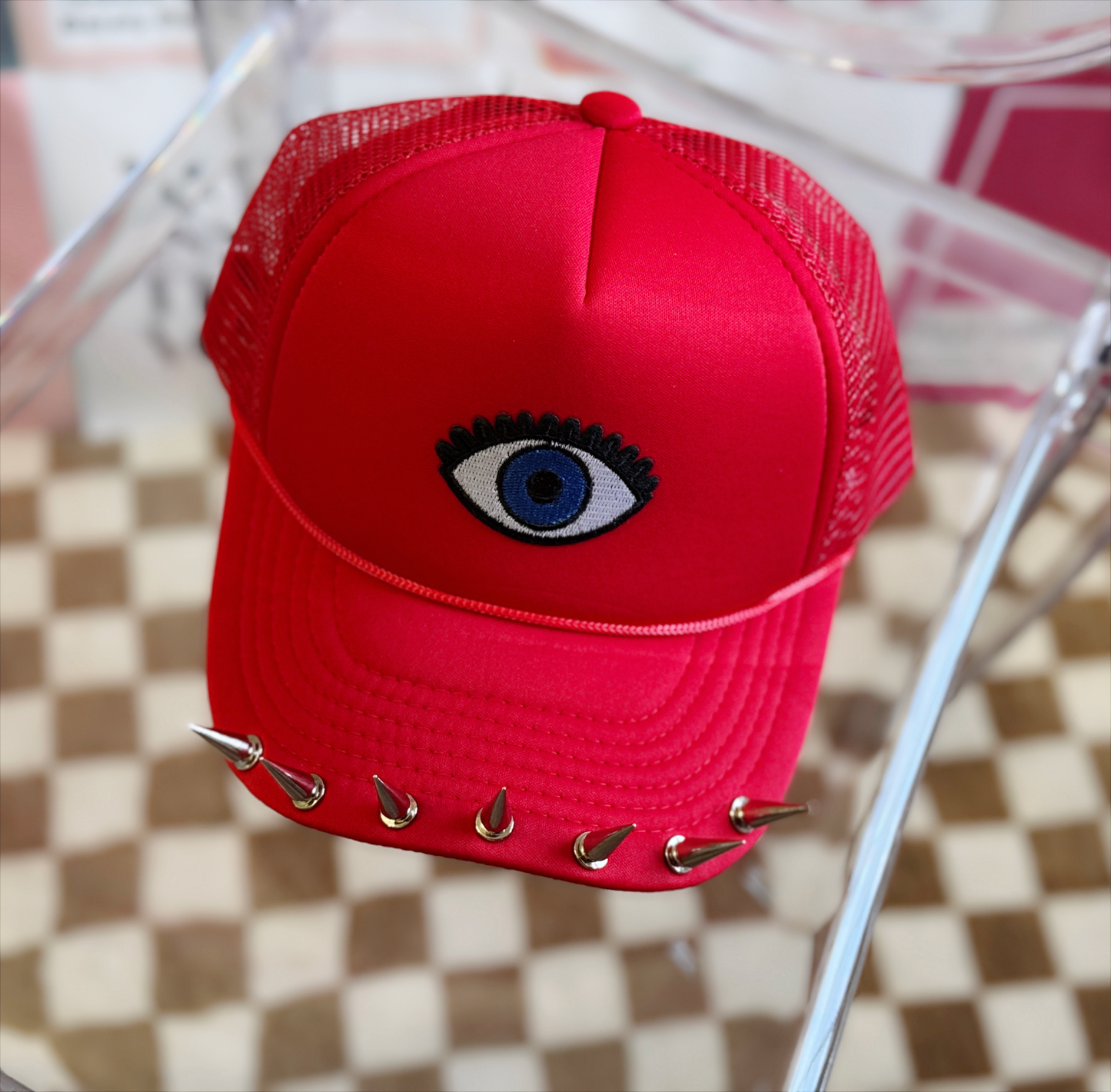 Watchful Edge Trucker Hat – Bold Red with Evil Eye Patch & Silver Spike Brim