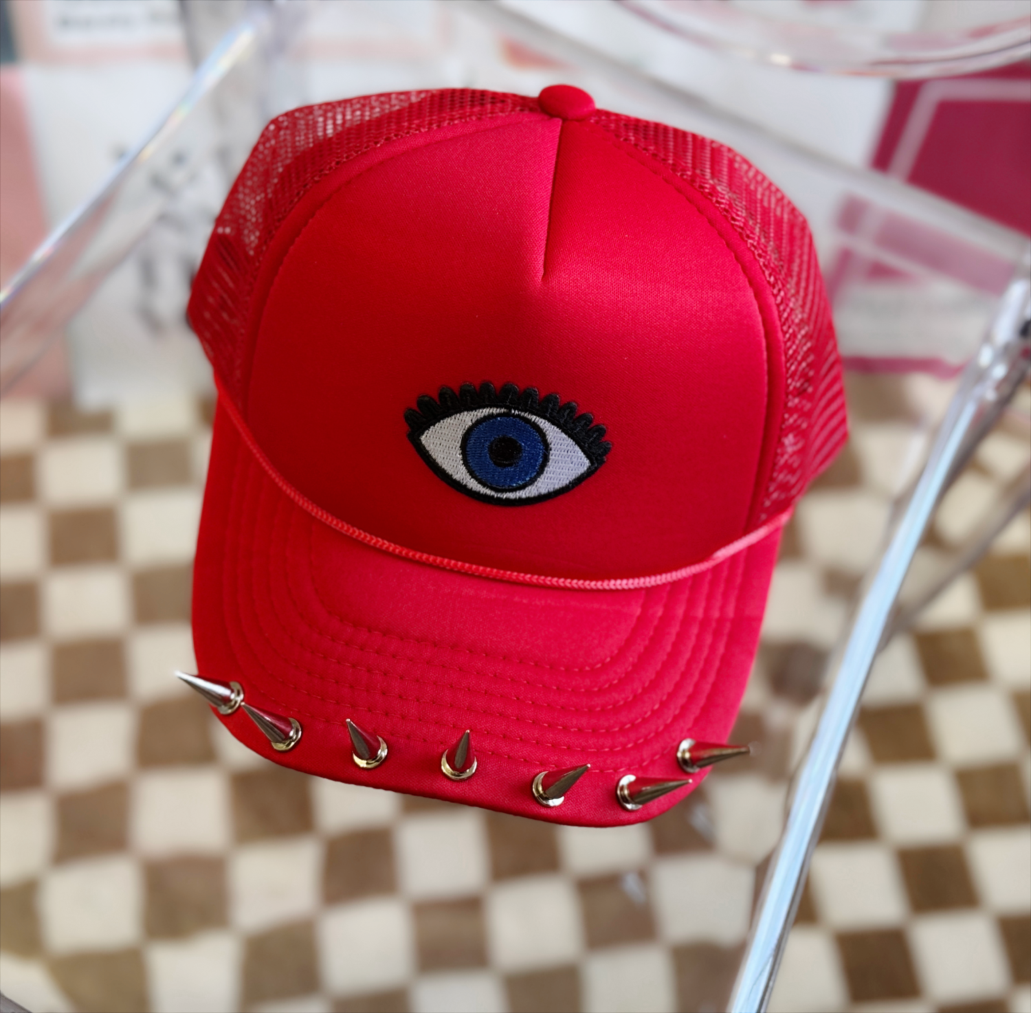Watchful Edge Trucker Hat – Bold Red with Evil Eye Patch & Silver Spike Brim