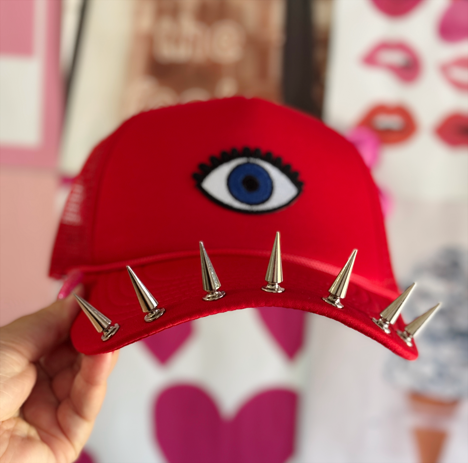 Watchful Edge Trucker Hat – Bold Red with Evil Eye Patch & Silver Spike Brim