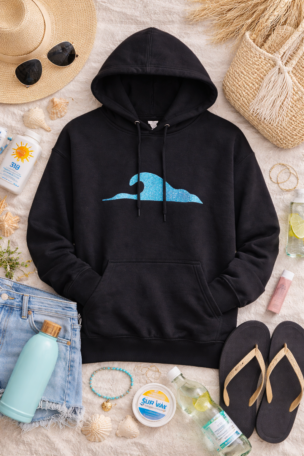 Wave Hoodie – Black Hoodie with Blue Wave Graphic