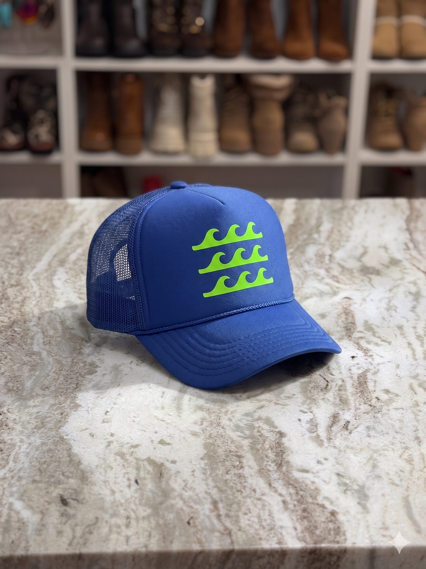 Wave Ride Trucker Hat – Royal Blue Hat with Neon Green Waves
