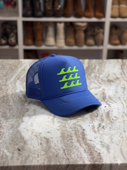 Wave Ride Trucker Hat – Royal Blue Hat with Neon Green Waves