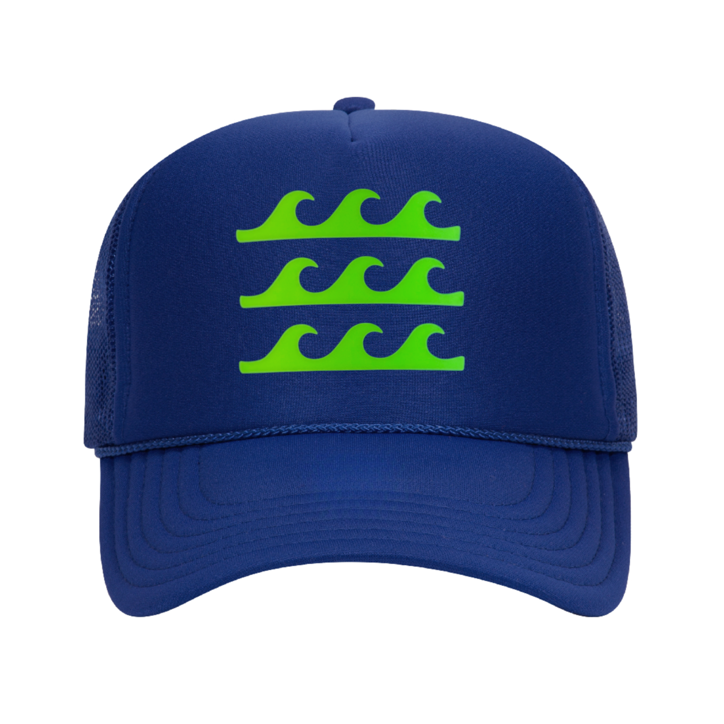 Blue cap with green wave design on a white background