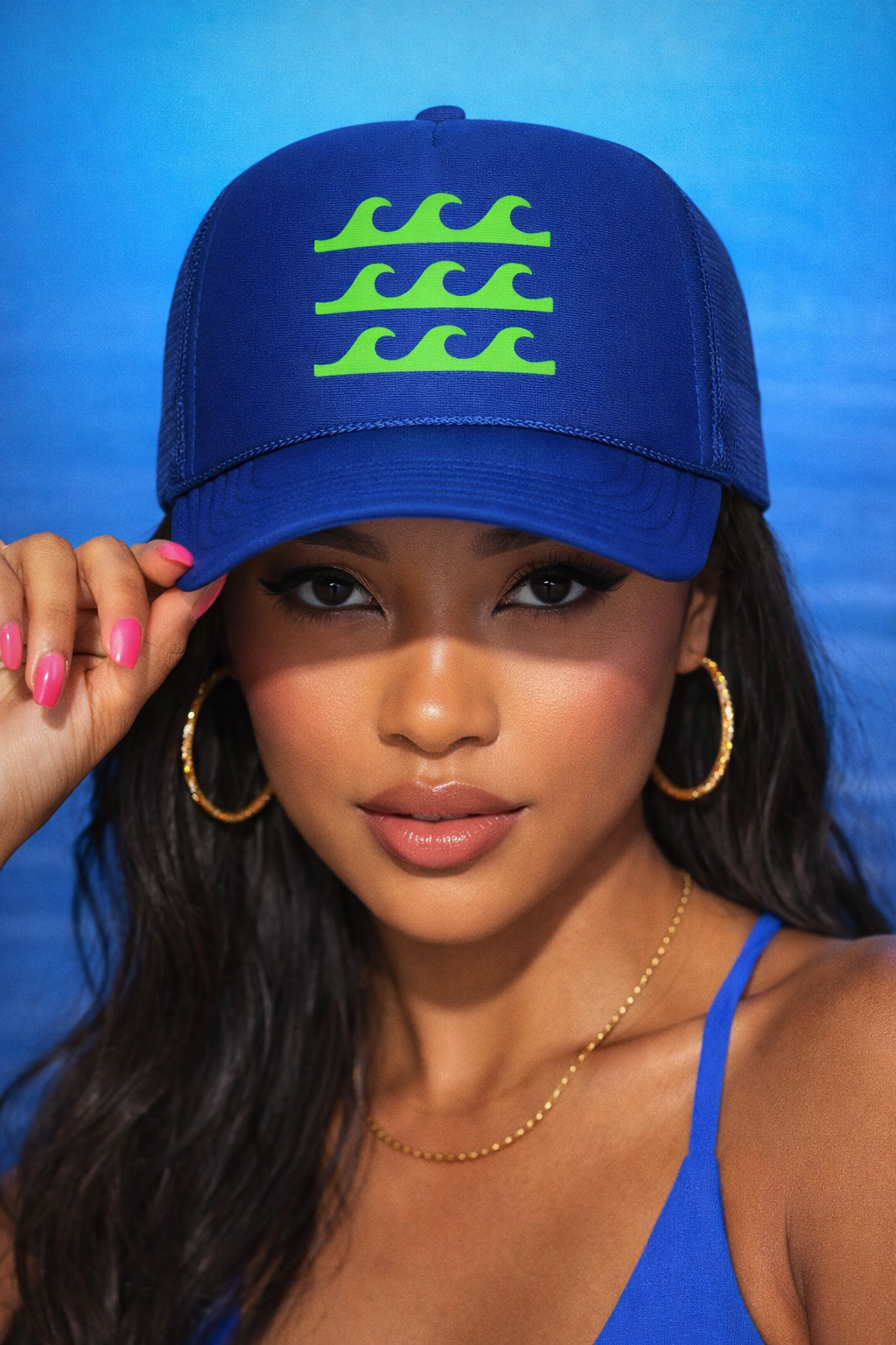 Woman wearing a blue cap with green wave design against a blue background