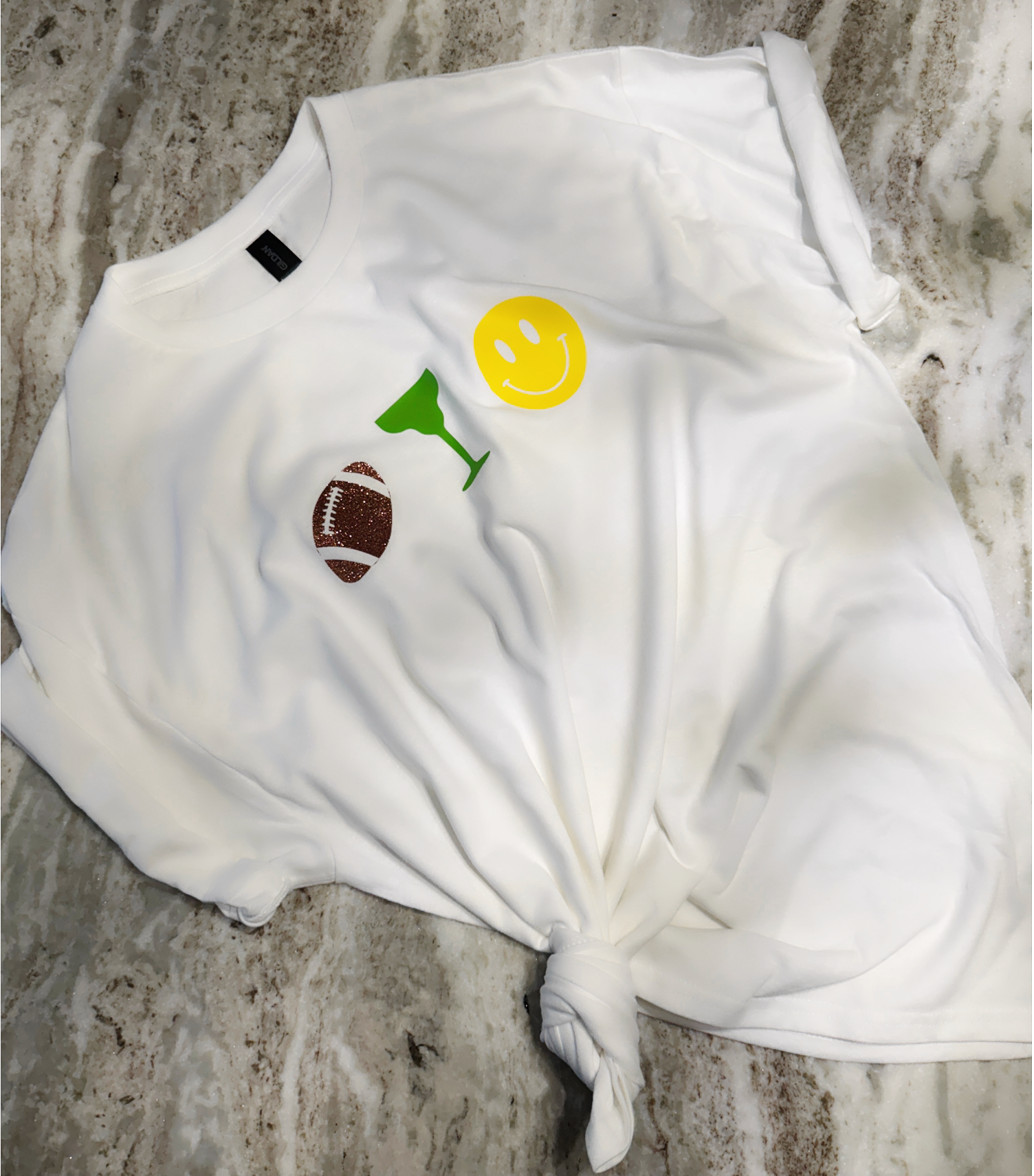 White Football Margarita Happy Face Graphic T-Shirt – Game Day Fun Tee