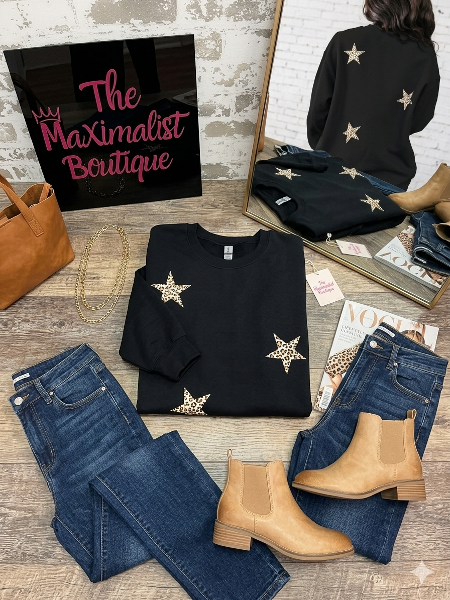 Black sweater with star patterns, blue jeans, tan boots, and a sign reading 'The Maximalist Boutique' on a wooden floor.
