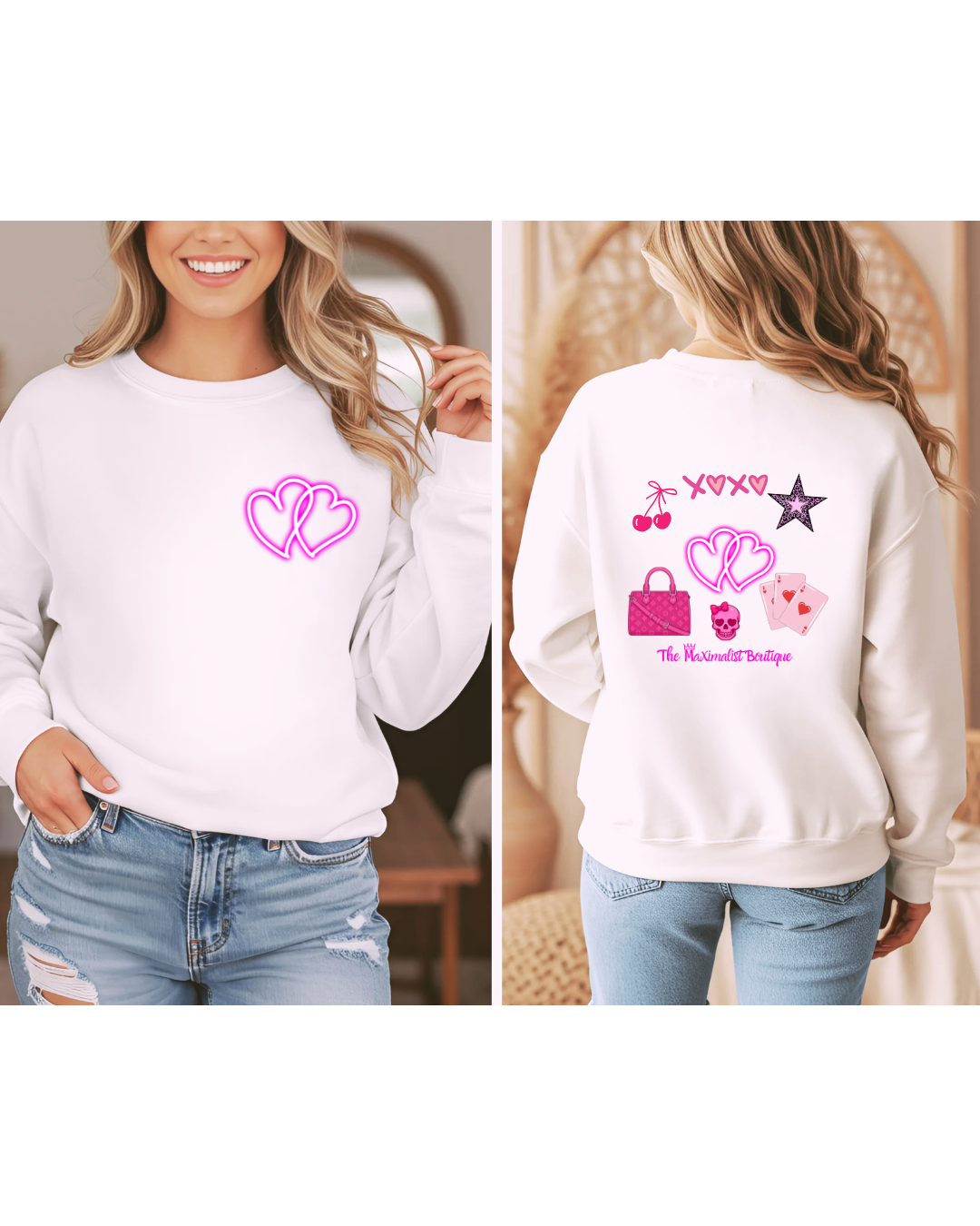 White sweatshirt with pink graphics on a person wearing it, shown from front and back.