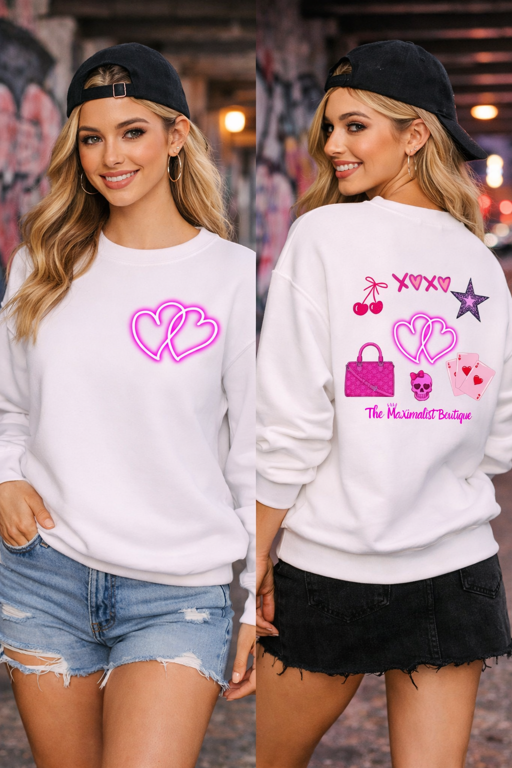 Woman wearing a white sweatshirt with colorful graphics and text, posing in front of a blurred urban background.