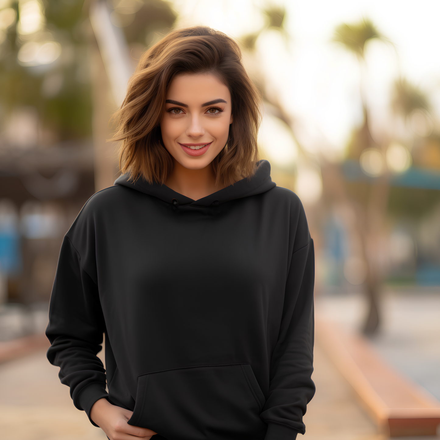 Woman wearing a black hoodie standing outdoors with a blurred background