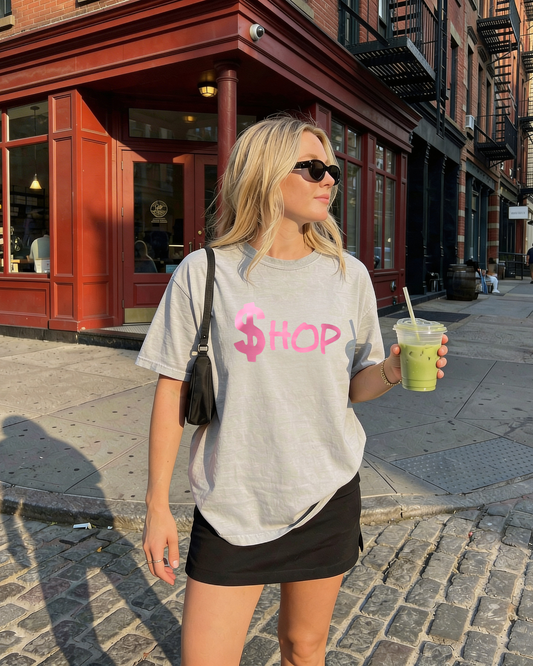 The $hop Graphic T-Shirt – Ash Gray with Light Pink Print | Trendy Boutique Tee